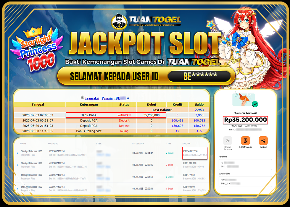 TUANTOGEL JACKPOT SLOT STARLIGHT PRINCESS 1000 Rp35.200.000, - LUNAS
